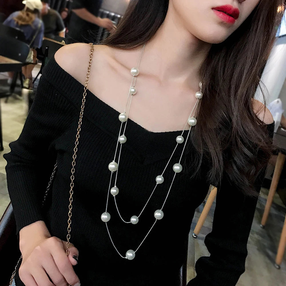 Long Layered Pearl Necklace