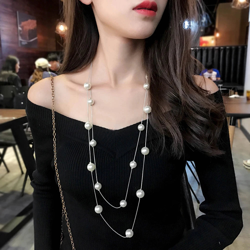 Long Layered Pearl Necklace