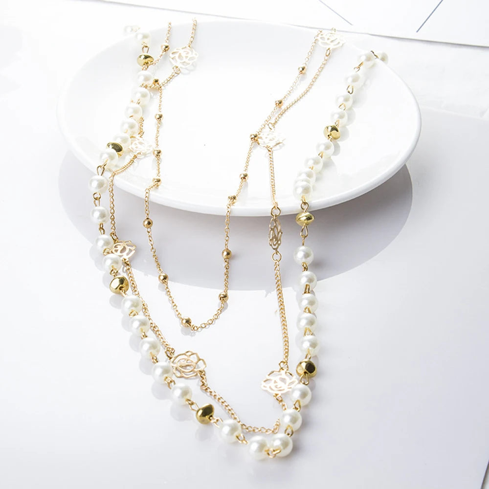 Long Layered Pearl Necklace