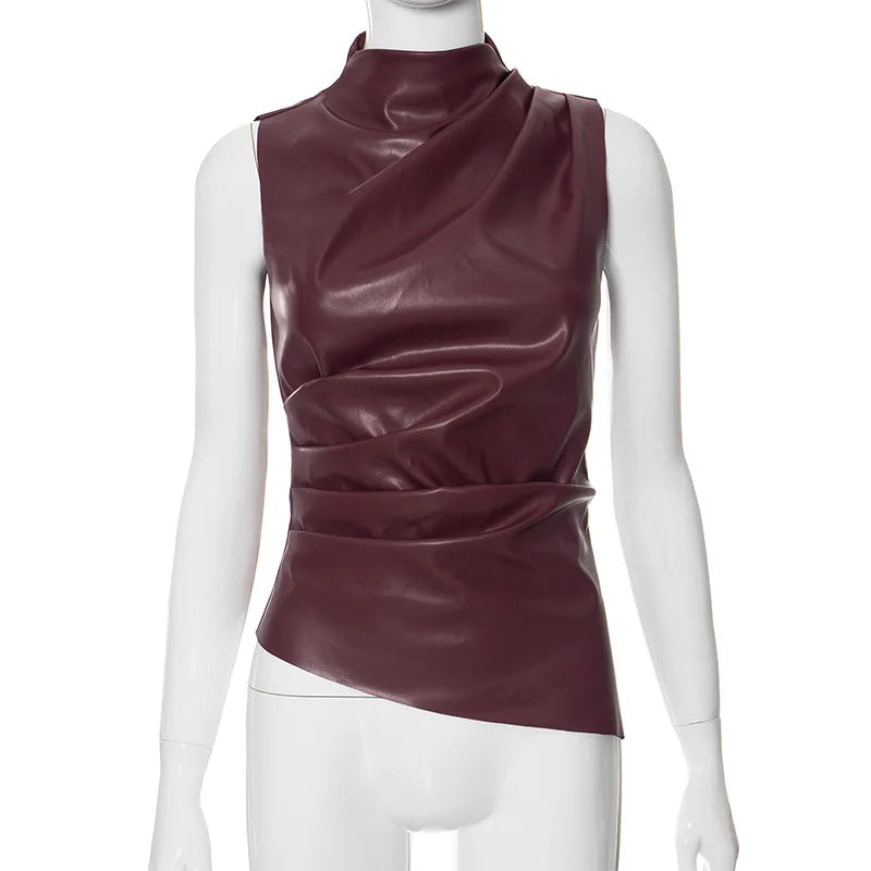 Women's Sleeveless High Collar Shiny Top