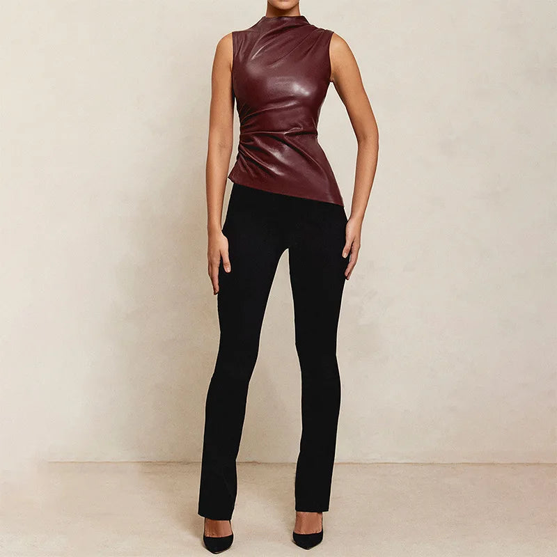 Women's Sleeveless High Collar Shiny Top