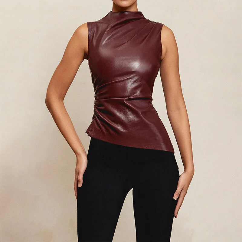 Women's Sleeveless High Collar Shiny Top