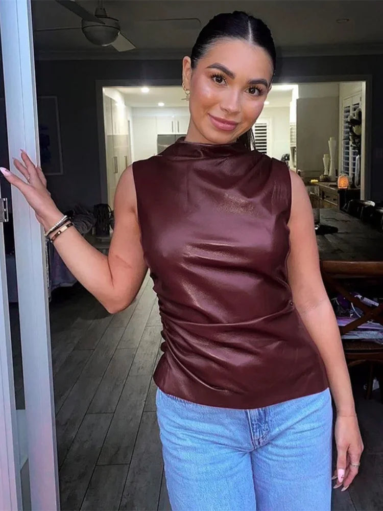 Women's Sleeveless High Collar Shiny Top