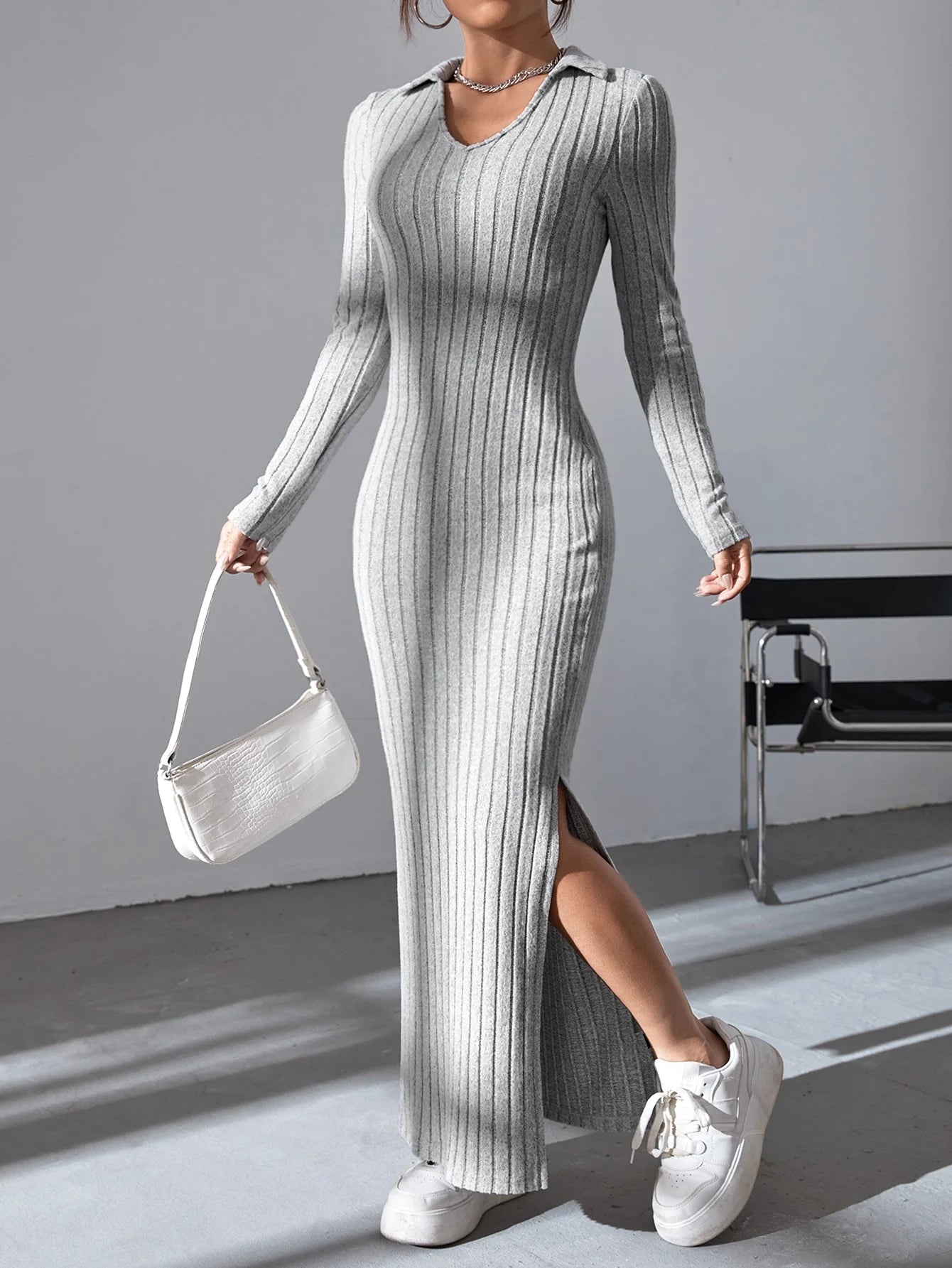 Women's Knitted V-neck split Dress
