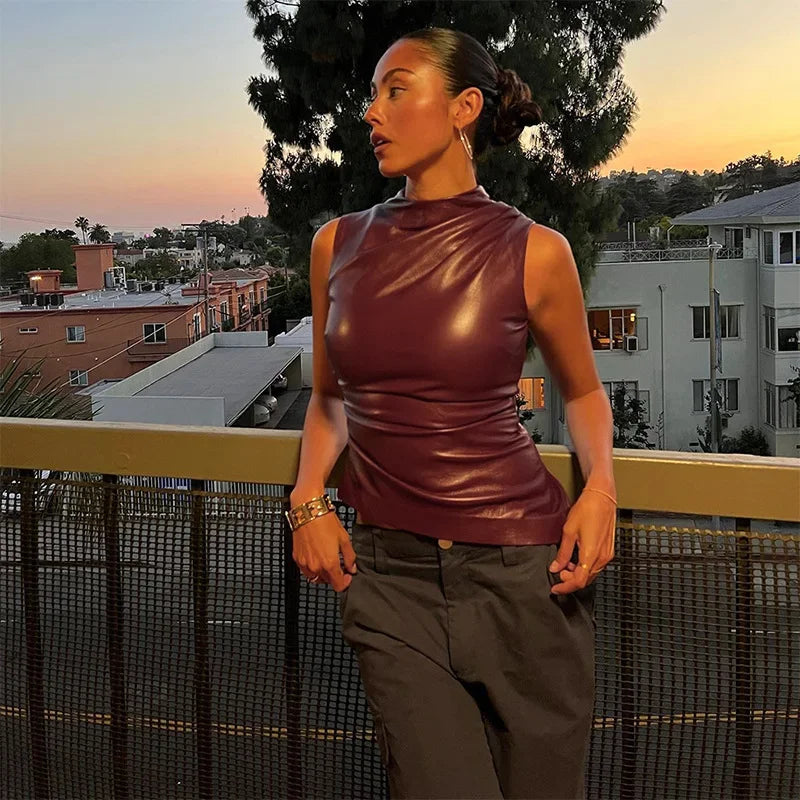Women's Sleeveless High Collar Shiny Top