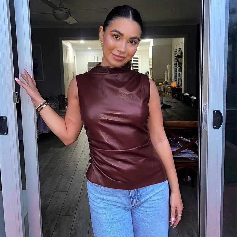 Women's Sleeveless High Collar Shiny Top
