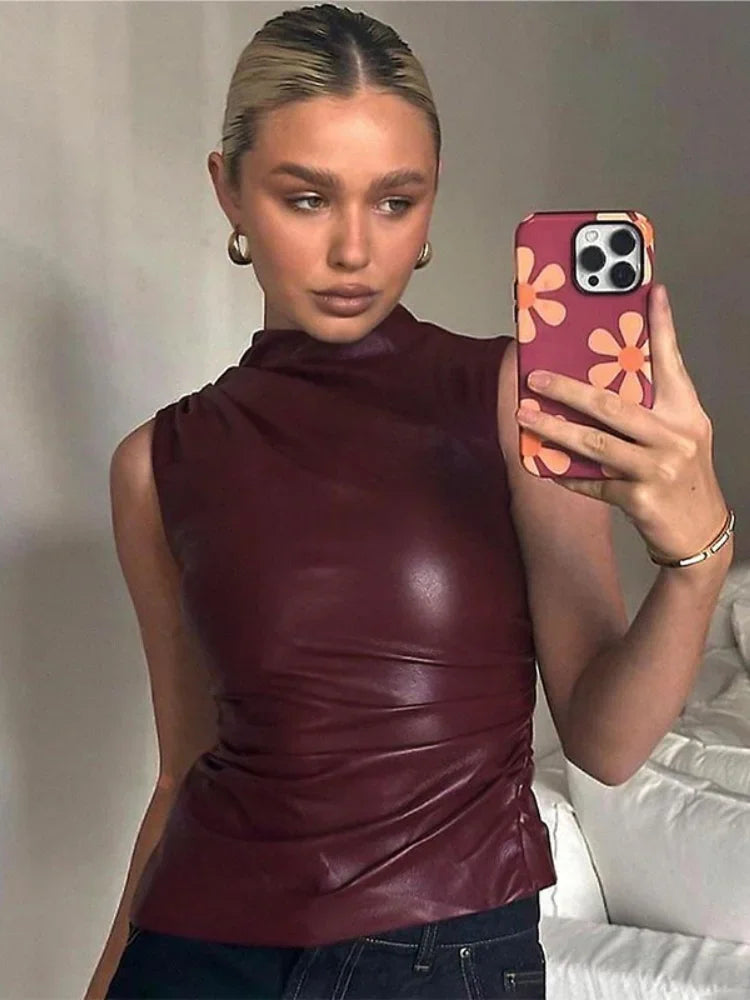 Women's Sleeveless High Collar Shiny Top