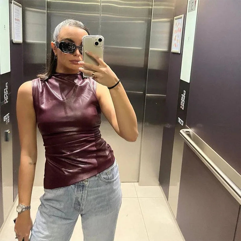 Women's Sleeveless High Collar Shiny Top