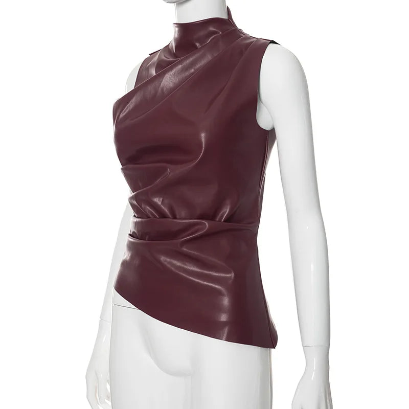 Women's Sleeveless High Collar Shiny Top