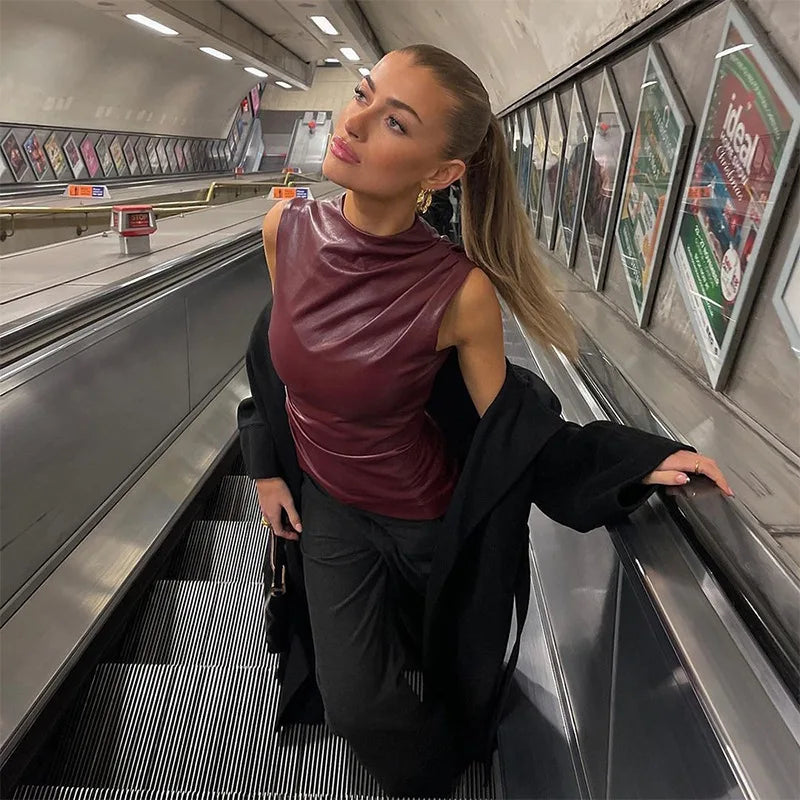 Women's Sleeveless High Collar Shiny Top