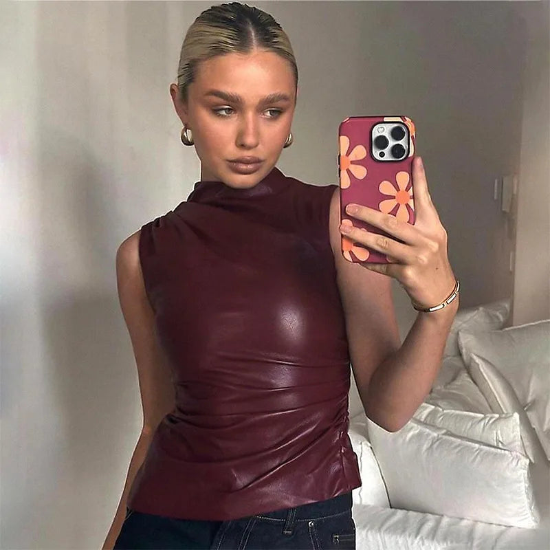 Women's Sleeveless High Collar Shiny Top