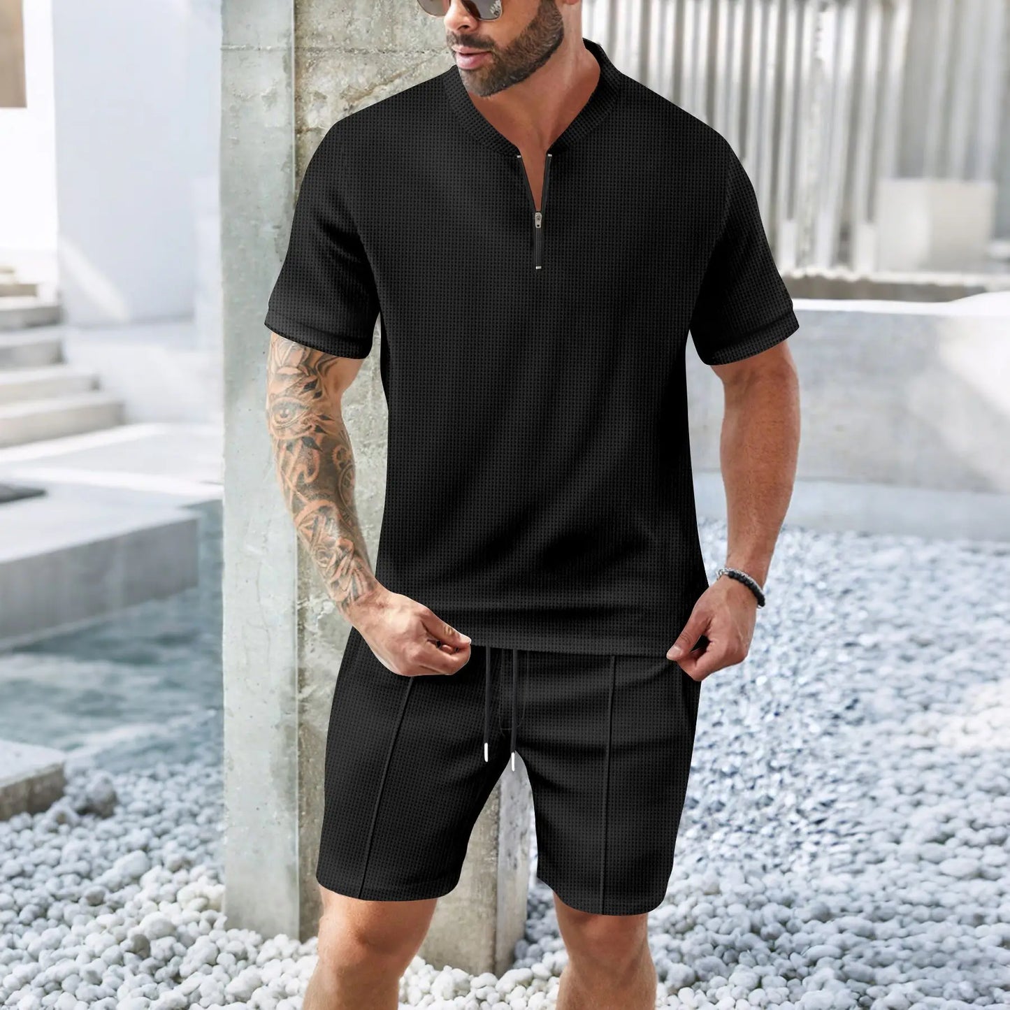 Men's 2-Piece Waffle Knit Collared Shirt + Shorts