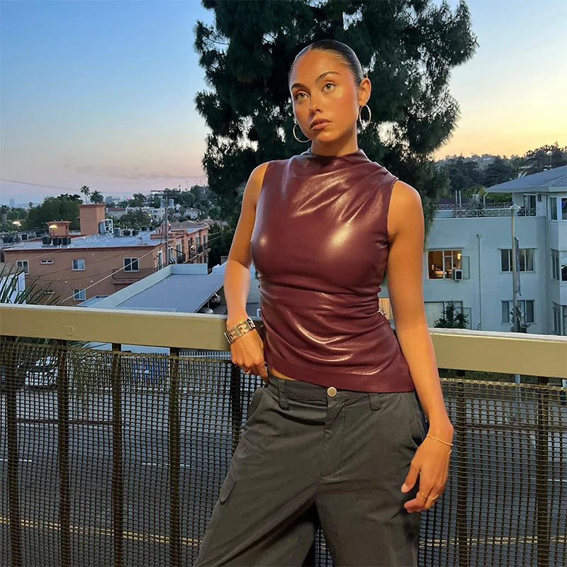 Women's Sleeveless High Collar Shiny Top