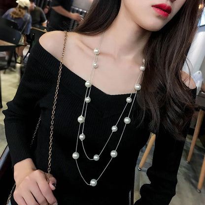 Long Layered Pearl Necklace