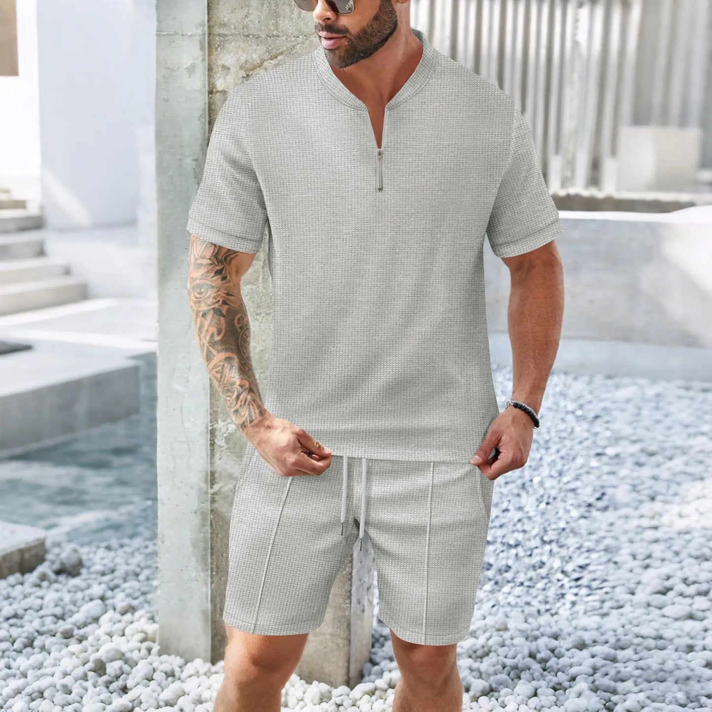 Men's 2-Piece Waffle Knit Collared Shirt + Shorts
