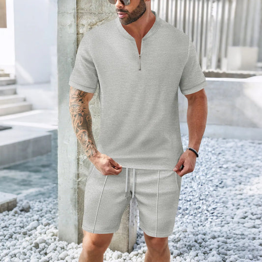 Men's 2-Piece Waffle Knit Collared Shirt + Shorts