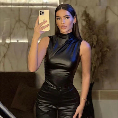 Women's Sleeveless High Collar Shiny Top