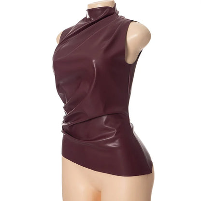 Women's Sleeveless High Collar Shiny Top