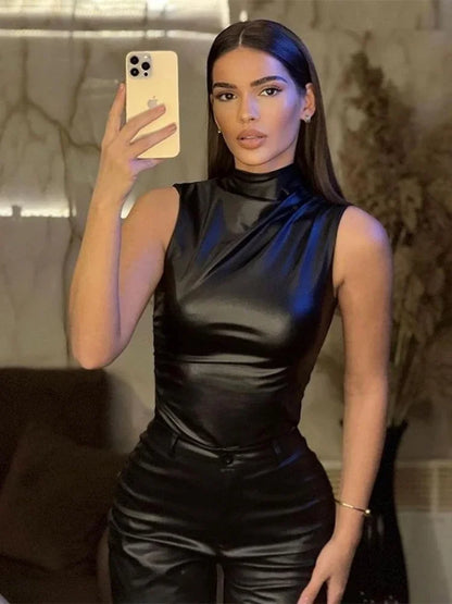 Women's Sleeveless High Collar Shiny Top