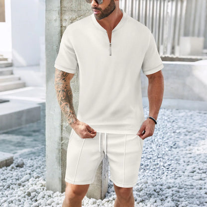 Men's 2-Piece Waffle Knit Collared Shirt + Shorts