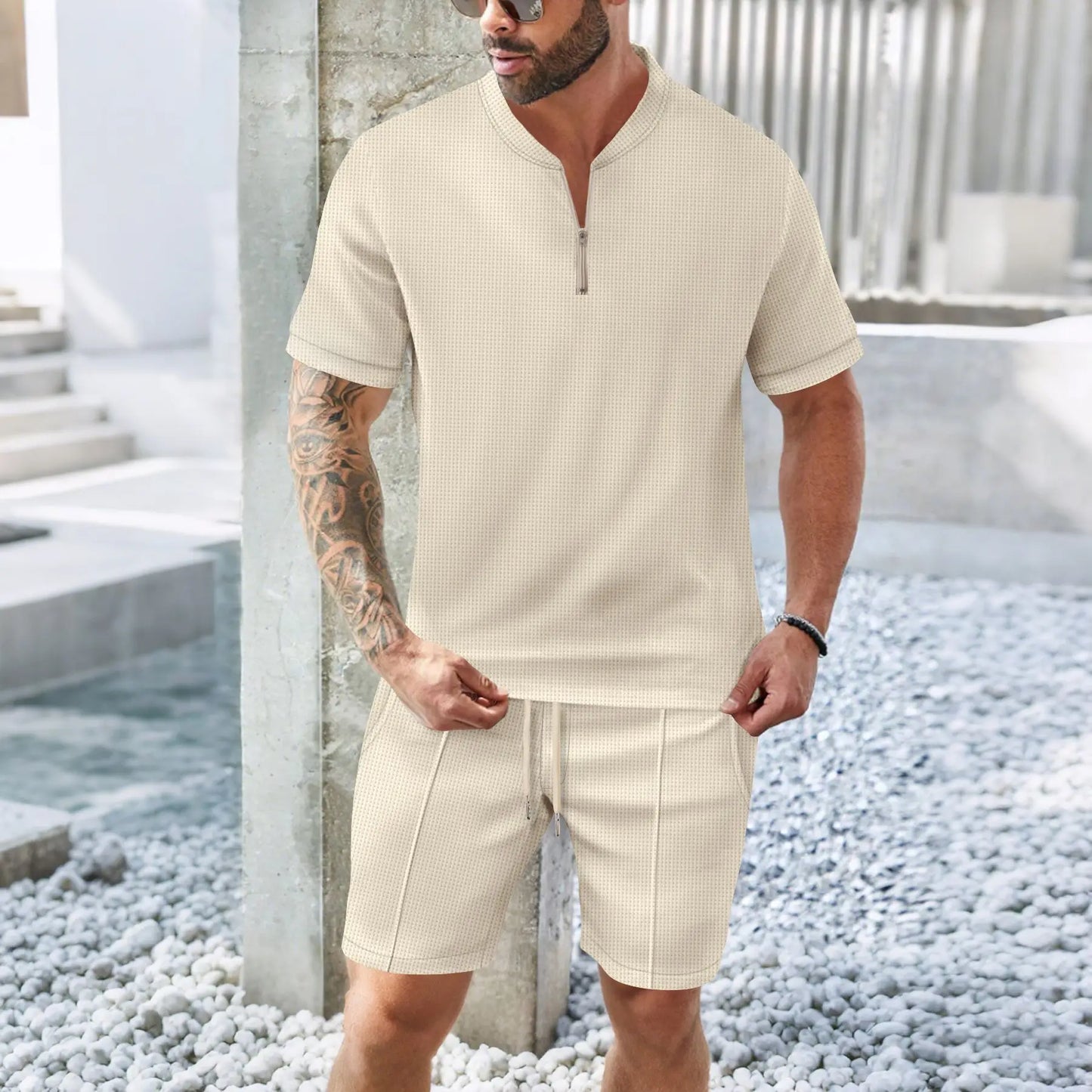 Men's 2-Piece Waffle Knit Collared Shirt + Shorts
