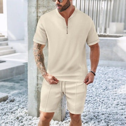 Men's 2-Piece Waffle Knit Collared Shirt + Shorts